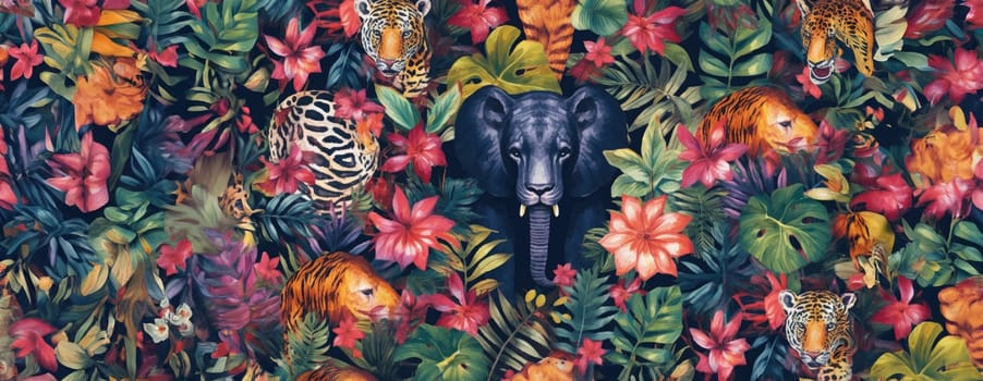 Tropical exotic pattern with animal and flowers in bright colors and lush vegetation. Ai Generative