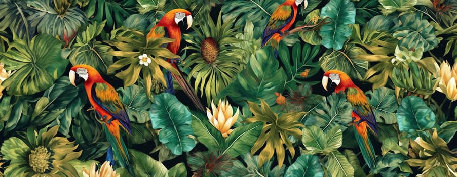 Tropical exotic pattern with animal and flowers in bright colors and lush vegetation. Ai Generative