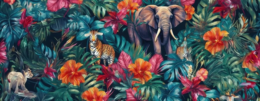 Tropical exotic pattern with animal and flowers in bright colors and lush vegetation. Ai Generative