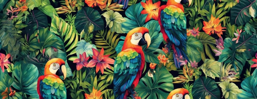 Tropical exotic pattern with animal and flowers in bright colors and lush vegetation. Ai Generative