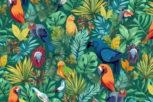 Tropical exotic pattern with animal and flowers in bright colors and lush vegetation. Ai Generative