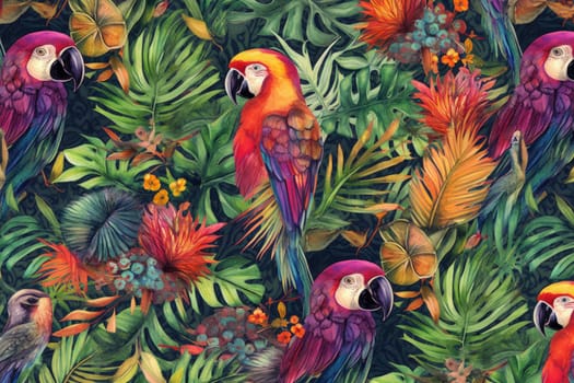 Tropical exotic pattern with animal and flowers in bright colors and lush vegetation. Ai Generative