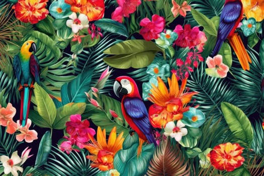 Tropical exotic pattern with animal and flowers in bright colors and lush vegetation. Ai Generative