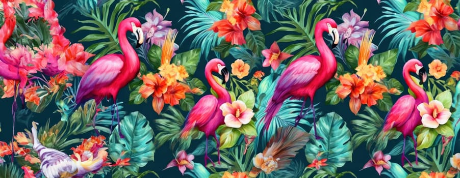 Tropical exotic pattern with animal and flowers in bright colors and lush vegetation. Ai Generative