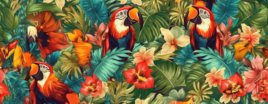 Tropical exotic pattern with animal and flowers in bright colors and lush vegetation. Ai Generative