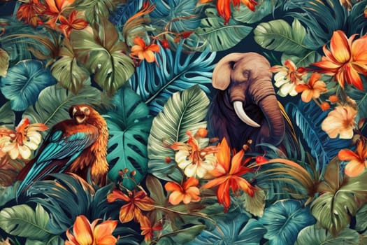 Tropical exotic pattern with animal and flowers in bright colors and lush vegetation. Ai Generative