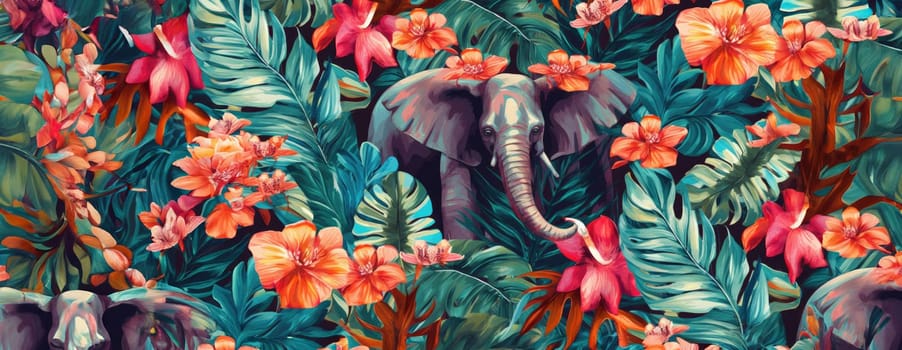 Tropical exotic pattern with animal and flowers in bright colors and lush vegetation. Ai Generative