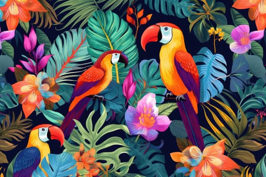 Tropical exotic pattern with animal and flowers in bright colors and lush vegetation. Ai Generative