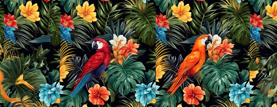 Tropical exotic pattern with animal and flowers in bright colors and lush vegetation. Ai Generative