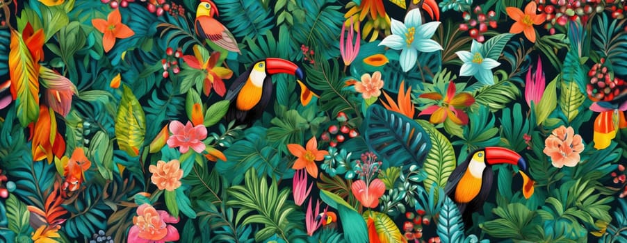 Tropical exotic pattern with animal and flowers in bright colors and lush vegetation. Ai Generative