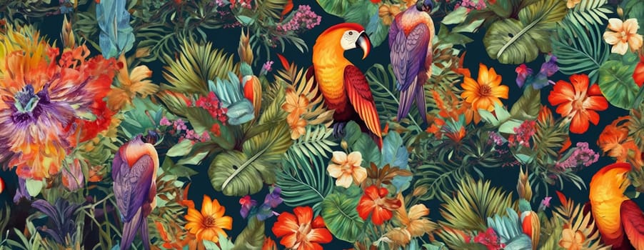 Tropical exotic pattern with animal and flowers in bright colors and lush vegetation. Ai Generative