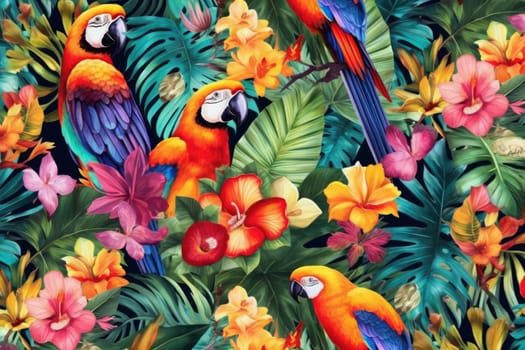 Tropical exotic pattern with animal and flowers in bright colors and lush vegetation. Ai Generative