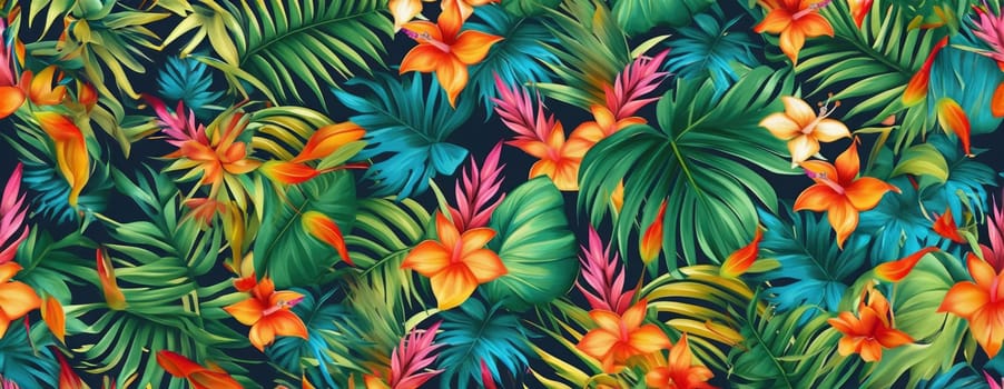 Tropical exotic pattern with animal and flowers in bright colors and lush vegetation. Ai Generative