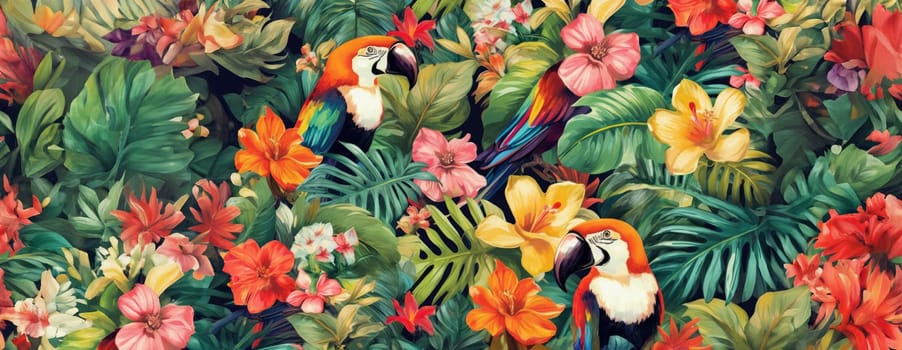 Tropical exotic pattern with animal and flowers in bright colors and lush vegetation. Ai Generative