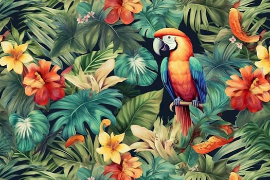 Tropical exotic pattern with animal and flowers in bright colors and lush vegetation. Ai Generative