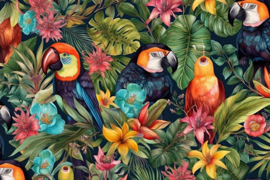 Tropical exotic pattern with animal and flowers in bright colors and lush vegetation. Ai Generative