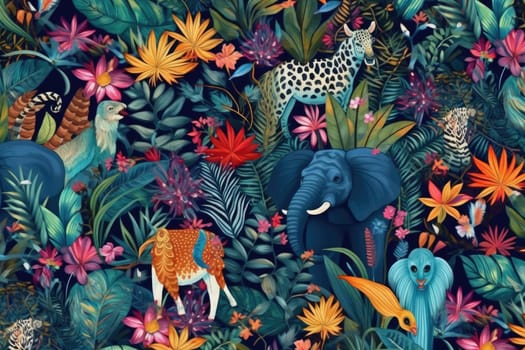 Tropical exotic pattern with animal and flowers in bright colors and lush vegetation. Ai Generative