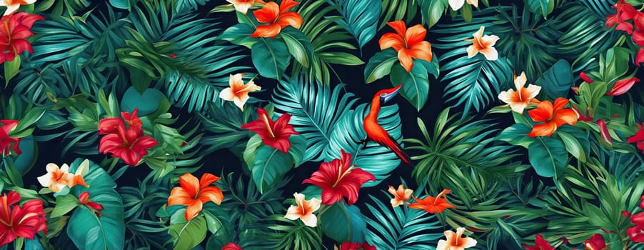 Tropical exotic pattern with animal and flowers in bright colors and lush vegetation. Ai Generative