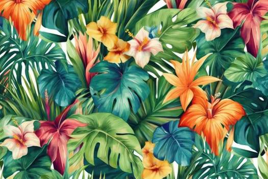 Tropical exotic pattern with animal and flowers in bright colors and lush vegetation. Ai Generative