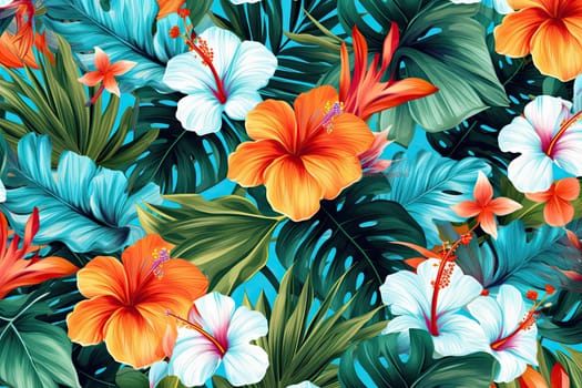 Tropical exotic pattern with animal and flowers in bright colors and lush vegetation. Ai Generative