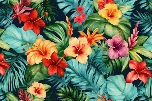 Tropical exotic pattern with animal and flowers in bright colors and lush vegetation. Ai Generative