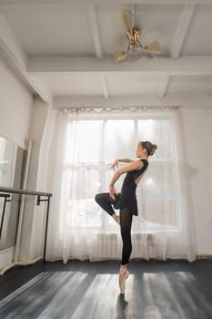 A beautiful Asian woman is dancing at the barre. Ballet dancer