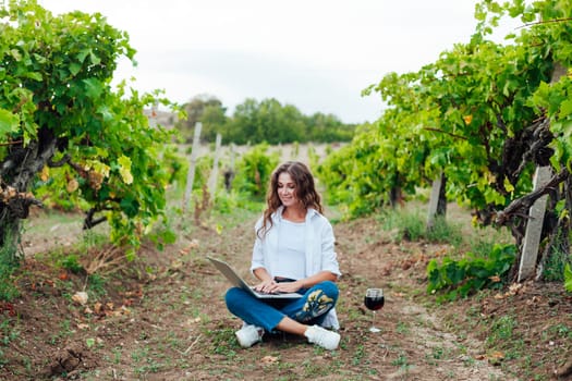 woman at a picnic with a laptop in vineyards