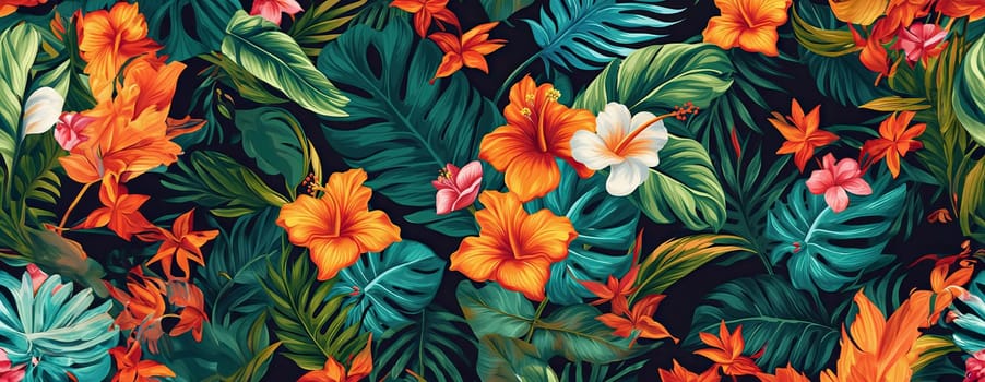 Tropical exotic pattern with animal and flowers in bright colors and lush vegetation. Ai Generative