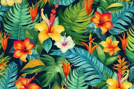 Tropical exotic pattern with animal and flowers in bright colors and lush vegetation. Ai Generative