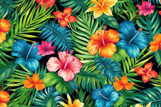 Tropical exotic pattern with animal and flowers in bright colors and lush vegetation. Ai Generative