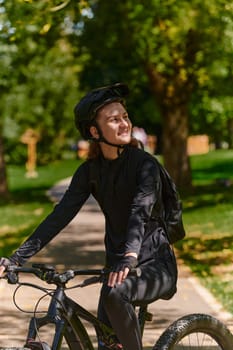 In the radiant embrace of a sunny day, a modern woman revels in the joy of cycling, her sleek bicycle and professional gear complementing her active lifestyle as she rides through the park, epitomizing a perfect blend of style and outdoor vitality.