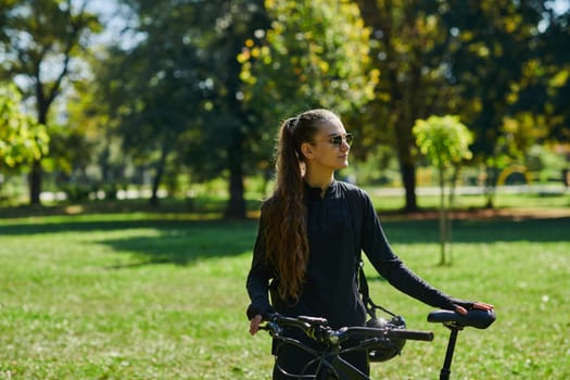 In the radiant embrace of a sunny day, a joyous girl, adorned in professional cycling gear, finds pure bliss and vitality as she cruises through the park on her bicycle, her infectious laughter echoing the carefree harmony of the moment.