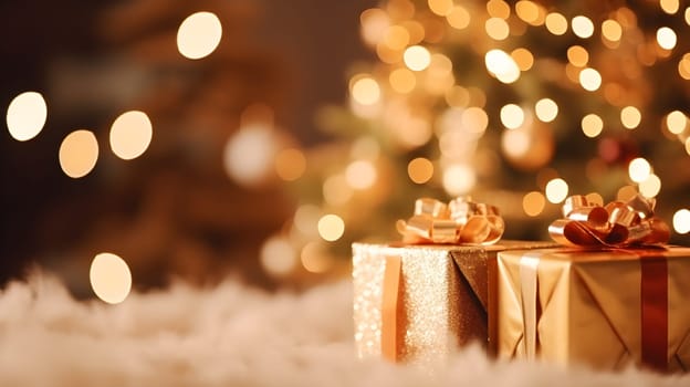 two golden gift boxes in front of a christmas tree - shallow depth of field - AI Generative