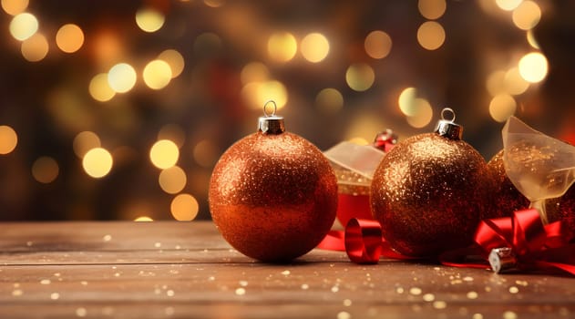 Sparkling christmas ornaments dance in the warm light, adorning the table with festive cheer and adding a touch of magic to the room's decor - Generative AI