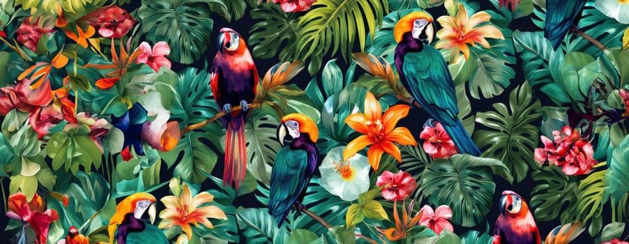 Tropical exotic pattern with animal and flowers in bright colors and lush vegetation. Ai Generative