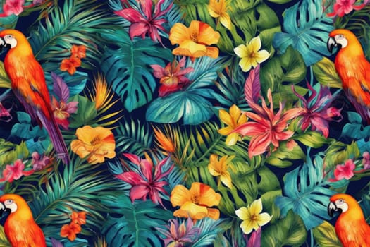 Tropical exotic pattern with animal and flowers in bright colors and lush vegetation. Ai Generative