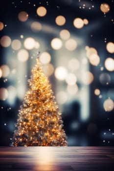 Twinkling with festive magic, a majestic decorated Christmas tree stands tall, adorned with shimmering lights, illuminating the wintry outdoor scene with Xmas cheer - generative AI