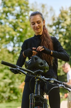 In the radiant embrace of a sunny day, a joyous girl, adorned in professional cycling gear, finds pure bliss and vitality as she cruises through the park on her bicycle, her infectious laughter echoing the carefree harmony of the moment.