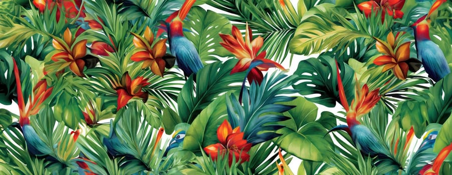 Tropical exotic pattern with animal and flowers in bright colors and lush vegetation. Ai Generative