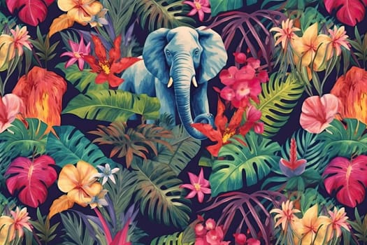 Tropical exotic pattern with animal and flowers in bright colors and lush vegetation. Ai Generative