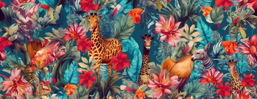 Tropical exotic pattern with animal and flowers in bright colors and lush vegetation. Ai Generative