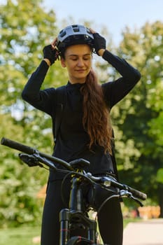 In the radiant embrace of a sunny day, a joyous girl, adorned in professional cycling gear, finds pure bliss and vitality as she cruises through the park on her bicycle, her infectious laughter echoing the carefree harmony of the moment.