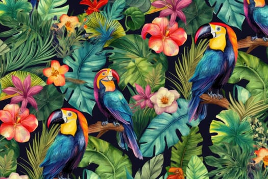 Tropical exotic pattern with animal and flowers in bright colors and lush vegetation. Ai Generative