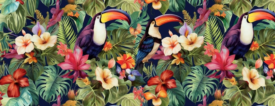 Tropical exotic pattern with animal and flowers in bright colors and lush vegetation. Ai Generative