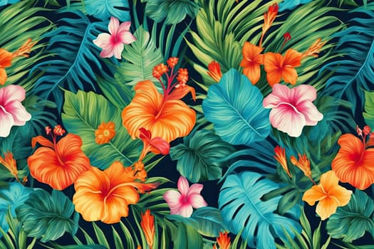 Tropical exotic pattern with animal and flowers in bright colors and lush vegetation. Ai Generative