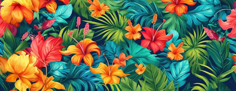 Tropical exotic pattern with animal and flowers in bright colors and lush vegetation. Ai Generative