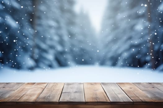 Empty table in beautiful winter landscape, wood plank board in snow mountain outdoor comeliness