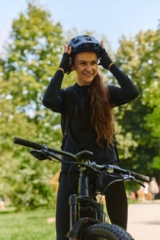 In the radiant embrace of a sunny day, a joyous girl, adorned in professional cycling gear, finds pure bliss and vitality as she cruises through the park on her bicycle, her infectious laughter echoing the carefree harmony of the moment.