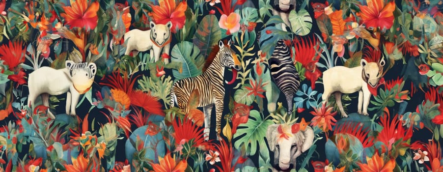 Tropical exotic pattern with animal and flowers in bright colors and lush vegetation. Ai Generative