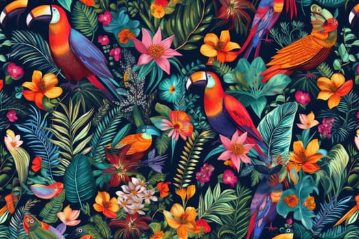 Tropical exotic pattern with animal and flowers in bright colors and lush vegetation. Ai Generative